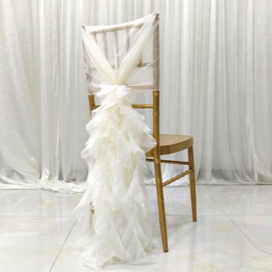 China Elegant Disposable Blush Organza Ruffled Chair Cover To Wedding Buckled Willow Chiffon Chair Sash for sale