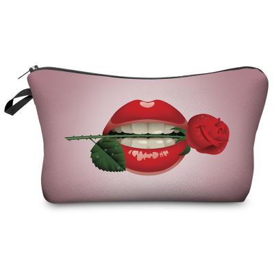 China Fashion/Functional/Waterproof/Dresser Women's Red Lip Rose Makeup Bag 3D Printing Cosmetic Handbag Pencil Case With Zipper Coin Purse for sale