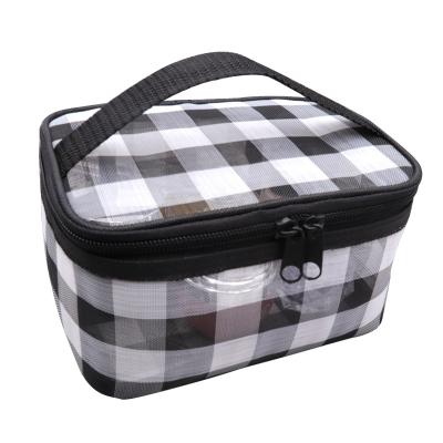 China Fashion/Functional Multifunctional Plaid/Waterproof/Convenient Mesh Makeup Bag Portable Cosmetic Carry Bag with Top Handle Checkerboard Pattern Travel Toiletry Bag for sale