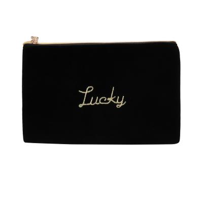 China Fashion/Functional/Waterproof/Dresser Black Suede Cosmetic Bag with Light Letter Makeup Pouch with Lady Elegant Gold Zipper Clutch for Women Girls for sale