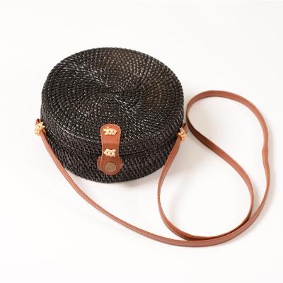 China Environmental Protection. Round Rattan Bag Black With Leather Purse Straw Circle Bag Bamboo Bag Handwoven Bali Shoulder Boho for sale