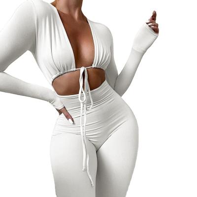 China Women Ladies Fashion Solid Color Breathable V Neck Breathable Overalls Sexy Comfortable Sports Overalls for sale