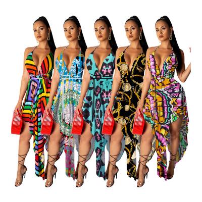 China 2022 Summer New Fashion Beach Wear Breathable V-Neckline Printed Sexy Backless Irregular Dress For Women for sale