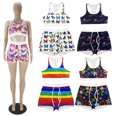 China 2022 new good quality summer women QUICK DRY tank top sets two piece tank top and shorts yoga sets fashion printed 2 piece short biker set for sale