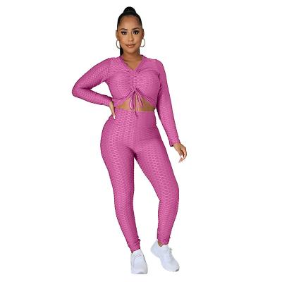 China S-4XL 15 Colors Breathable V-Neck Drawstring Pleated Crop Top and Pants Two Piece Set Yoga Plus Size Yoga Set for sale