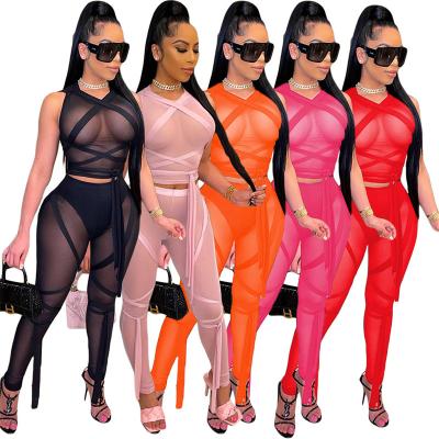 China Mesh Gauze Strap Solid Color Sleeveless Breathable Fashion Sexy Girls Party Club Wear Woman Club Wear Suits Women Pants Two Piece Set for sale