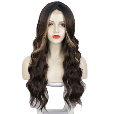 China Water Wave Front lace mixed color wig with mid point highlight dye long roll synthetic fiber headband for sale