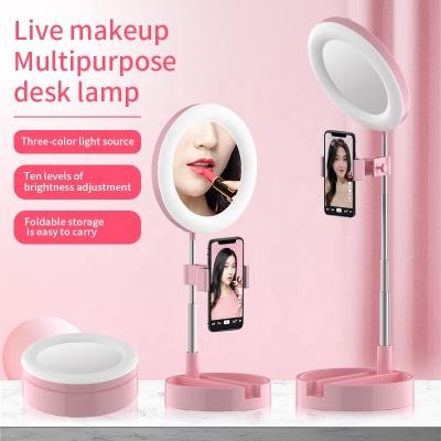 China ABS+Carbon Steel Folding Ring Lamp Easy To Carry Selfie To Ring Light Phone Holder With Mirror To Make Up for sale