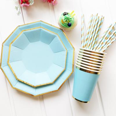 China Wholesale Disposable Luxurious Multicolor Wedding Party Decorations Disposable Birthday Paper Plate Cup Straw Exquisite Blue Gilding Sets for sale