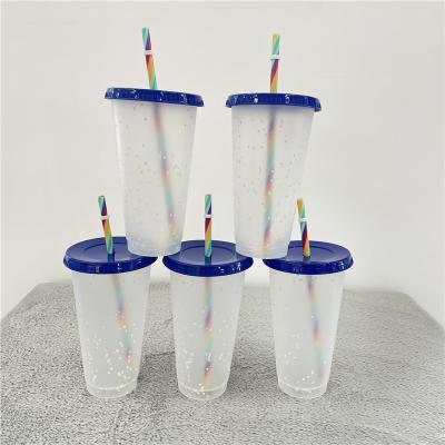 China Icy Stadium 16oz 24oz Color Changing Confetti Plastic Coffee Cups With Lids And Rainbow Straws 16oz/24oz for sale