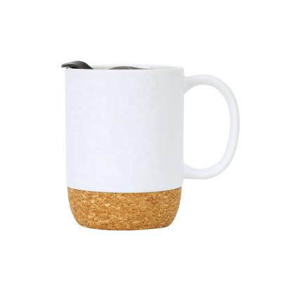 China Custom matte ceramic coffee mug 12oz white cork bottom travel cup viable lid pp ceramic mug with cork base for sale