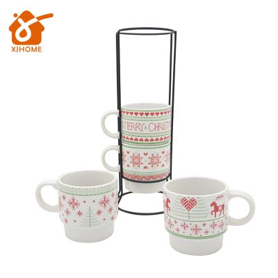 China Factory Sustainable Custom 13 Ounce Stackable Tea Cup Coffee Mug 4 Piece Ceramic Christmas Gift Mug Set for sale