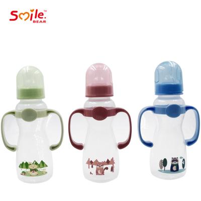 China BPA Free Smile Bear Factory Direct 225ml Baby Bottle With Handle PP Material Baby Bottle Three Colors for sale