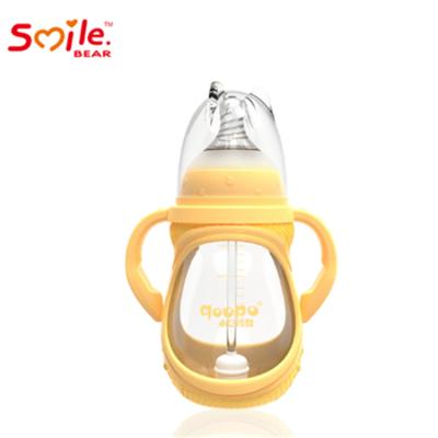 China BPA Free High Quality Durable Glass Baby Smile Bear Feeding Bottle With Silicone Sleeve for sale