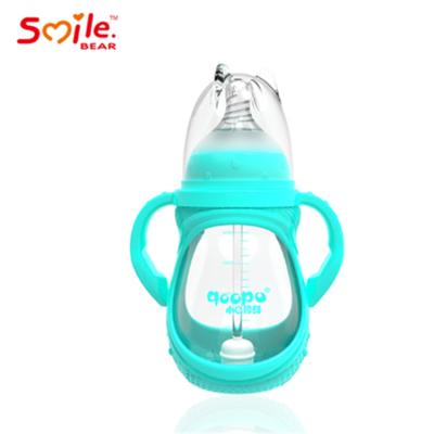 China New Baby Glass Milk Bear BPA Smile Baby Bottle With Handle Silicone Nipple for sale