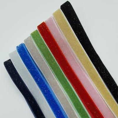 China high quality single face glitter velvet shiny metallic ribbon 9mm NO--elastic for wrapping package for sale