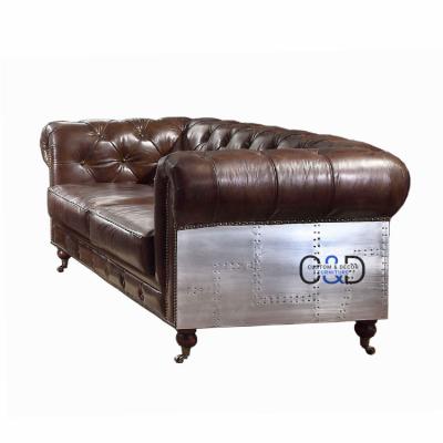 China Antique Hothead Chesterfield 2 Seater Vintage Distressed Leather Aluminum Sofa for sale