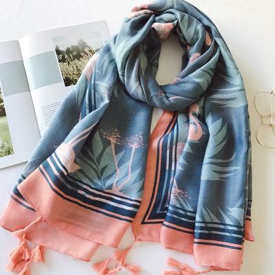 China Wraps Hijabs 10pcs/lot Polyester Women Flamingo Pattern Printed Scarf Cotton Voile Tassel Scarf Shawls for sale