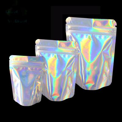 China Clear Glossy Finish MOQ 500 Hologram Foil Stand Up Zipper Pouch Bag 140x200+80 mm for sale