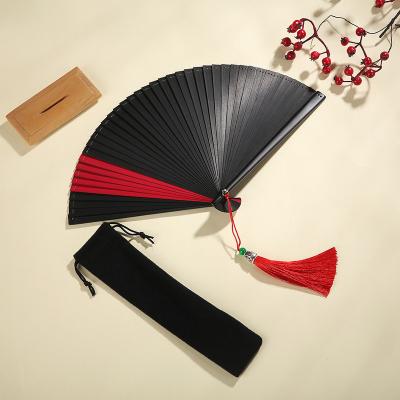 China Mini Small Japanese Folding Fan Vintage Bamboo Folding Fan China 18cm Exquisite Hand Craft Gift All Black Wedding Fans for sale