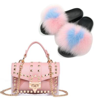 China Women's Light Warm Summer Beautiful Fluffy Fur Slides Furry Cross Jelly Shoulder Bag Shoes Fox Slipper Sets - Body Purse Beach Fur Sandals for sale