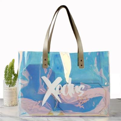 China Custom Hologram Logo Feminine Holographic Transparent Handbags Women Tangle Bag One Key PVC Tote Shopping Bag Hologram Laser Clear for sale