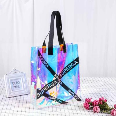 China Clear Transparent Hologram Beach Custom Holographic Tote Recyclable Reflective Shopping Promotional Bag for sale