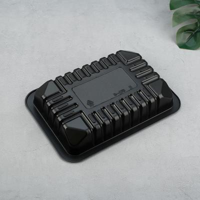 China Disposable Customized Food Grade Blister Plastic Black PET Packaging Tray For Vegetables Fruit Meat Fish Frozen Food for sale