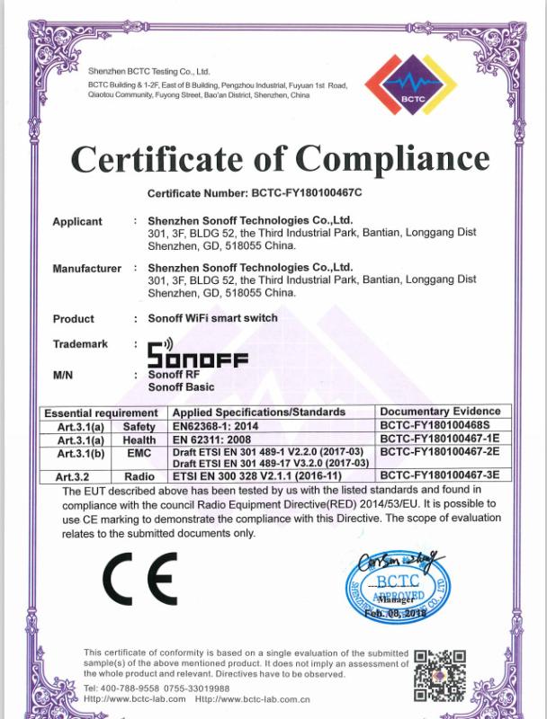 CE - Shenzhen Sonoff Technologies Co., Ltd.