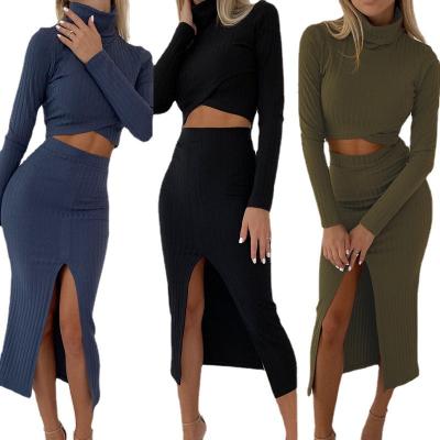 China 2021 New Autumn And Winter Women's High Neck Waist Wrap Hip QUICK DRY High Long Sleeve T-Shirt Split Skirt Casual Suit for sale