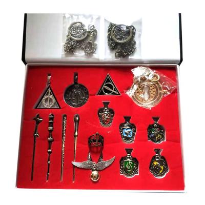 China USA Cosplay TV Movie Hermione Dumbledore Emblem Lapel Harry Magic Wand Key Chain Magic Wand Children Play Keychains Necklace Rings Set for sale