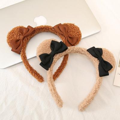 China Cute Cozy Soft Circle Hair Girl Bear Ear Headband With Soft Bows Fleece Makeup Shower Headbands For Women Party Hair Accessories for sale