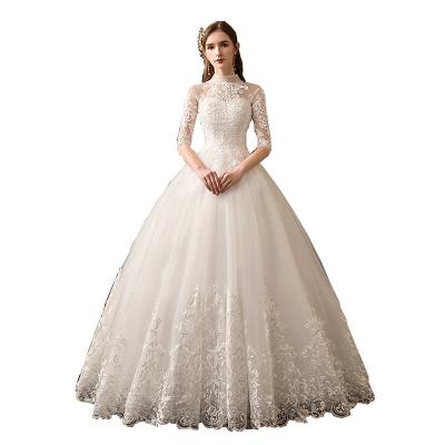 China Dry Cleaning Half Sleeve Wedding Dresses Elegant High Neck Luxury Lace Embroidery Wedding Gown Vintage Bridal Gown Vestido De Noiva for sale