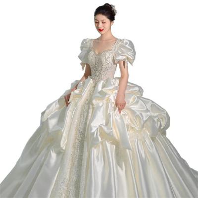 China Luxury Weeding Train Satin Dry Cleaning Dress Lace Up Hot Sale Fashion Wedding Dress Custom Item Bride Bride OEM Shinny Beading Lantern Sleeve for sale