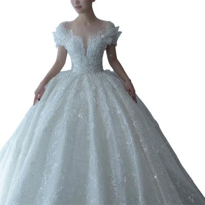 China New Luxury Dry Cleaning Beading Train Wedding Dress See Through V-Neckline Princess Sexy Wedding Gown With Pearl Lace Applique for sale