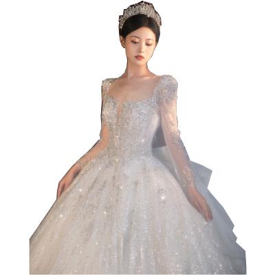 China Luxury Dry Cleaning Long Sleeve Beading Sexy Wedding Dress See Through Square Collar Sweep Train Winter Luxury Bridal Gowns Vestido De Noiva for sale