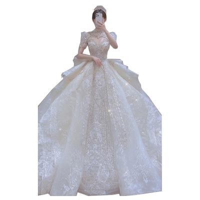 China Dry Cleaning Sweetheart Beading Beads High Neck Wedding Dress Bride Dresses Puff Sleeve Big Butterfly Back Lace Up Luxury Wedding Dresses for sale