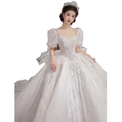 China Sweetheart Beading Dry Cleaning Pearl Butterfly Short Lantern Sleeve Wedding Dress Big Back Lace Up Bride Dresses Luxury Wedding Dresses for sale