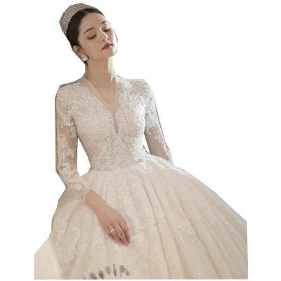 China Luxury Sexy V-Neckline Dry Cleaning Lace Long Sleeve Hot Sale Fashion Women Wedding Dress Custom Item White Bride Dresses OEM Anti for sale