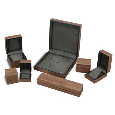 China Walnut Wood Veneer Wooden Jewelry Packaging Set Boxes Velvet Insert Necklace Ring Earring Small Luxury Custom Jewelry Gift Box for sale