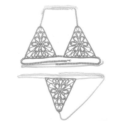 China Rhinestone Luxury Hollow Mesh Bra And Thong Beach Bling Women's Decorations Sexy Lingeries Festival Rhinestone Bikini Body Chain Set for sale