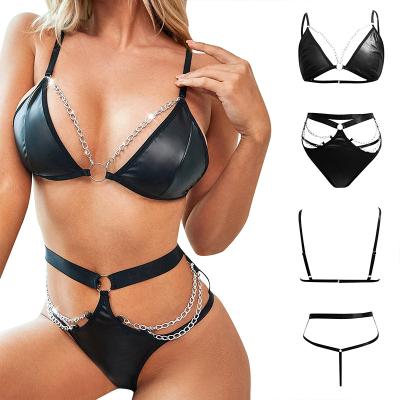 China Sexy Lingere High Quality Retro Cover Up Bikini Set Beachwear Underwear Black Panties Sexy Leather Lingerie Bikini Set With Chain for sale