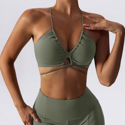 China Breathable European and American sexy nude yoga bra quick-drying sports bra for women to wear with straps to gather back beautiful fitness for sale