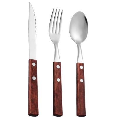 China Sustainable Hot Sale Flatware Set Wooden Handle Stainless Steel Knife Fork Spoon Cutlery Set for sale