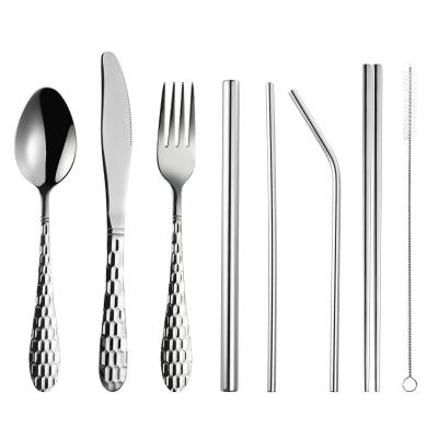 China Sustainable high quality 7pcs stainless steel portable cutlery set with chopstick and straw for travel, flatware set with case for sale