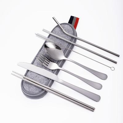 China Sustainable Portable 7pcs Stainless Steel Cutlery Set with Chopstick and Straw for Travel, Flatware Set with Case for sale