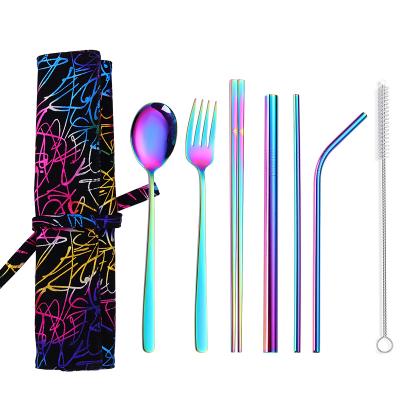 China Multicolor Portable Viable Stainless Steel Cutlery Set Metal Flatware Drinking Straw Set Cutlery Spoon Chopstick Set With Bag for sale