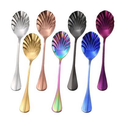 China Shell Sharp Stainless Steel Spoons workable for Cafe Sugar Dessert Ice Cream Salad Table Spoons Flatware for sale