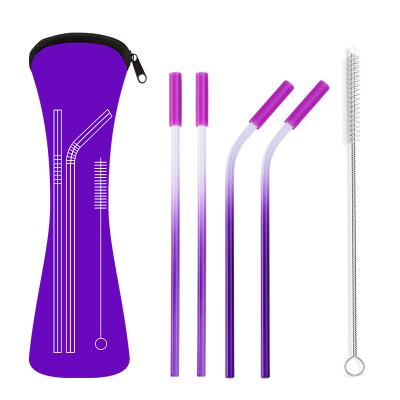 China Sustainable Set Reusable Stainless Steel Metal 4 Case Cleaning Brush Tips Silicone Long Drinking Straw With Travel Drinking Straws for sale