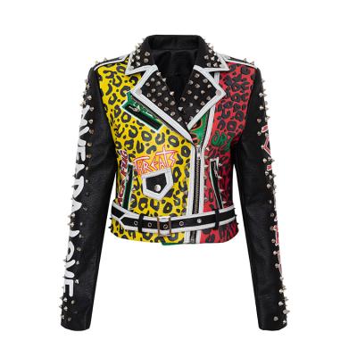 China Motorcycle jacket ladies street style motorcycle jacket graffiti leopard studded rivet PU leather biker jackets for women for sale